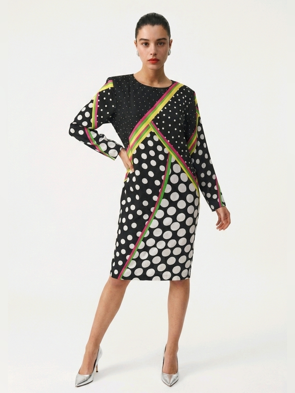 Pat Argenti Silk Dress Vintage Black White Polk A Dot Multicolor Stripes Small